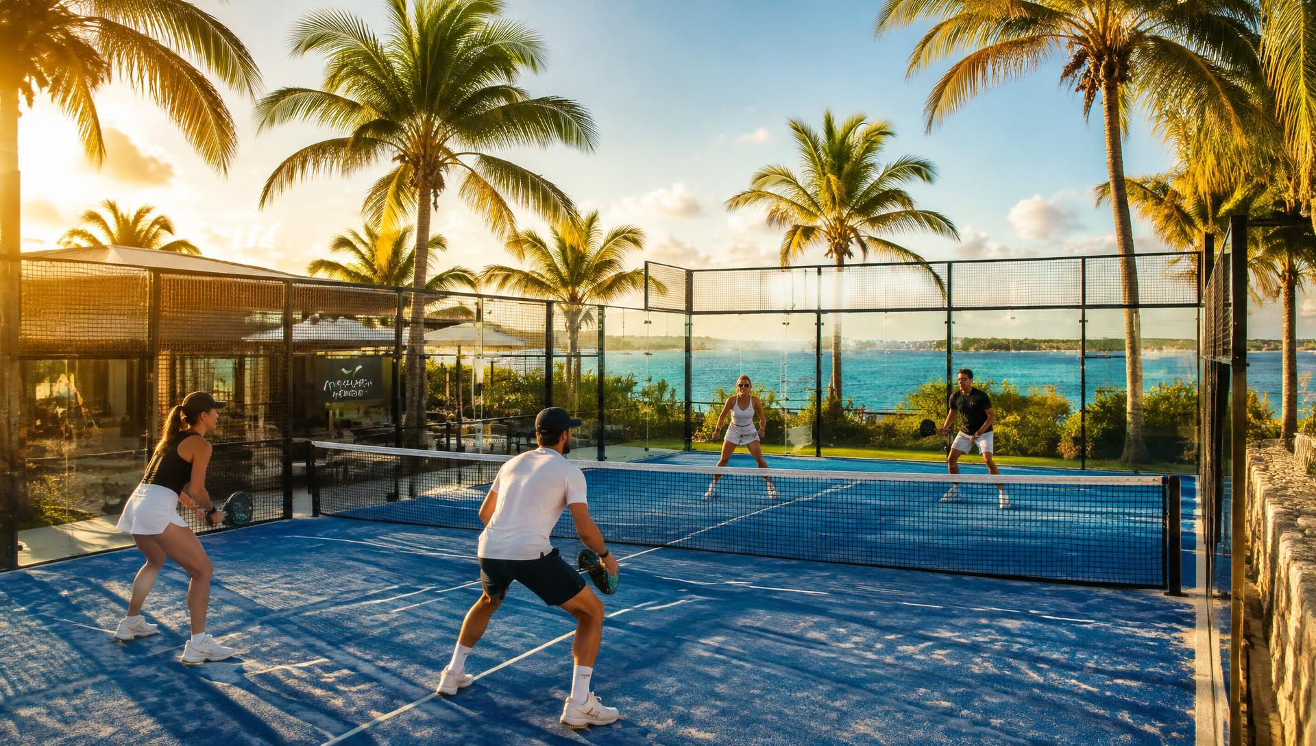 Vrienden padellen op een baan tussen palmbomen op Curaçao
